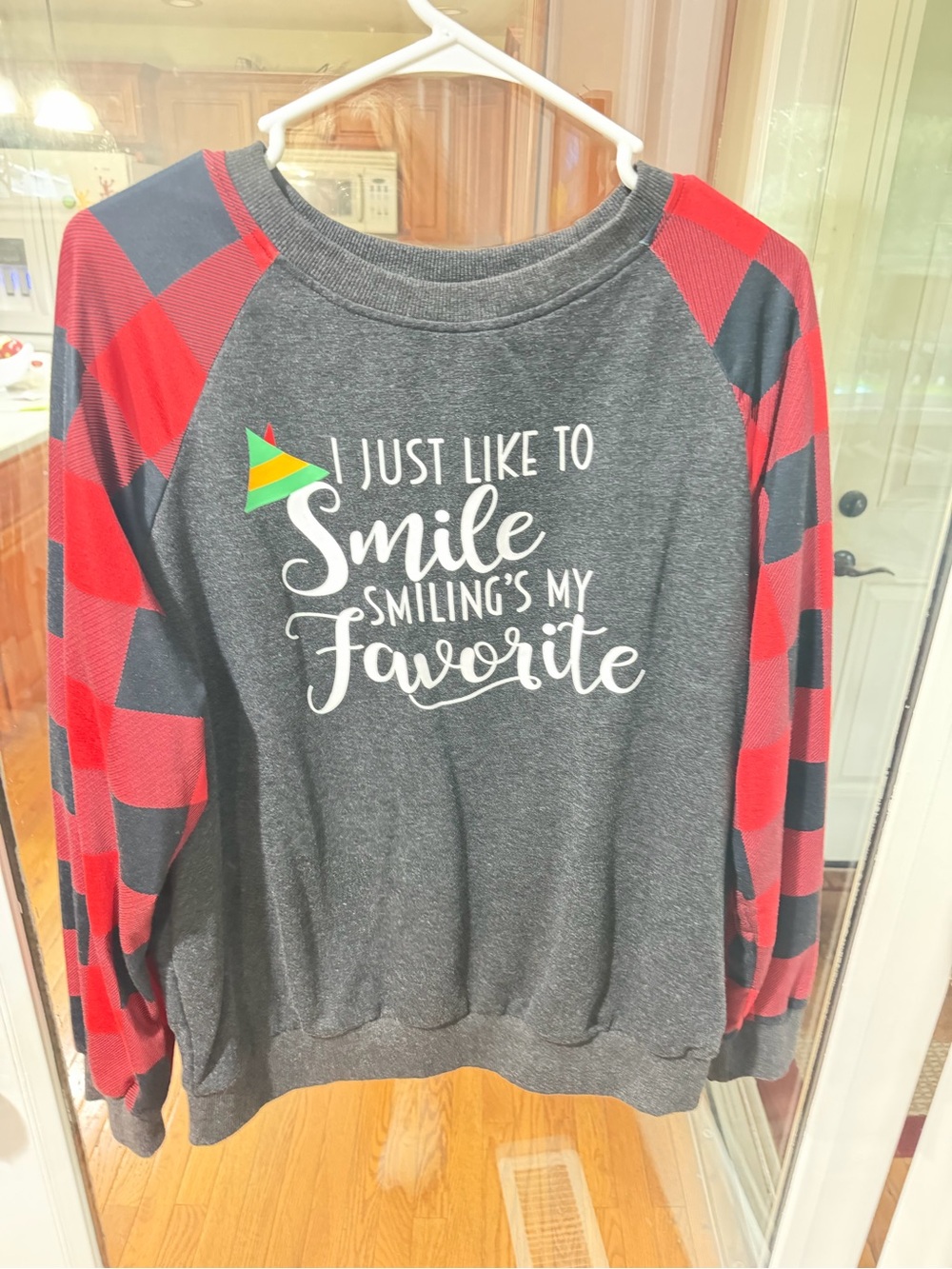 Gray & Red Plaid Long-Sleeve Women’s Sweatshirt - Smile Graphic Sz. Medium